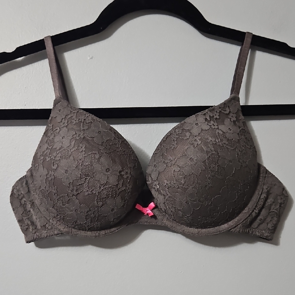 Xhilaration Lace Bra in Gray with Pink Bow Push Up Underwire